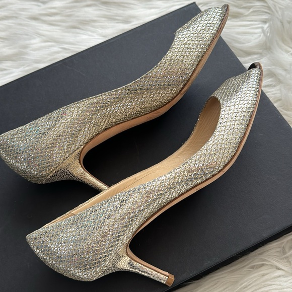 Jimmy Choo Gold Glitter Leather “Isabel” Peep Toe Heels Size 38 1/2 - Picture 2 of 13